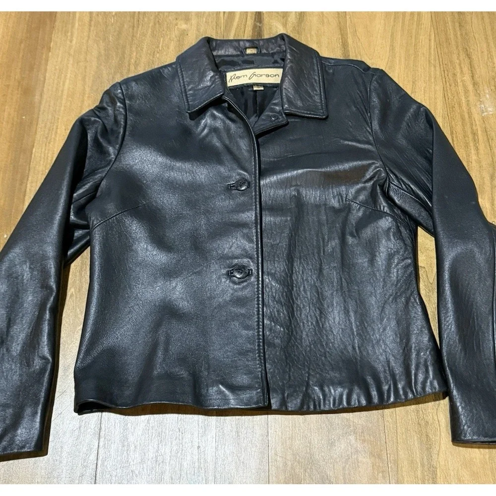 Rem Garson Vintage Black Leather Jacket Button Front Classic Spread Collar Small